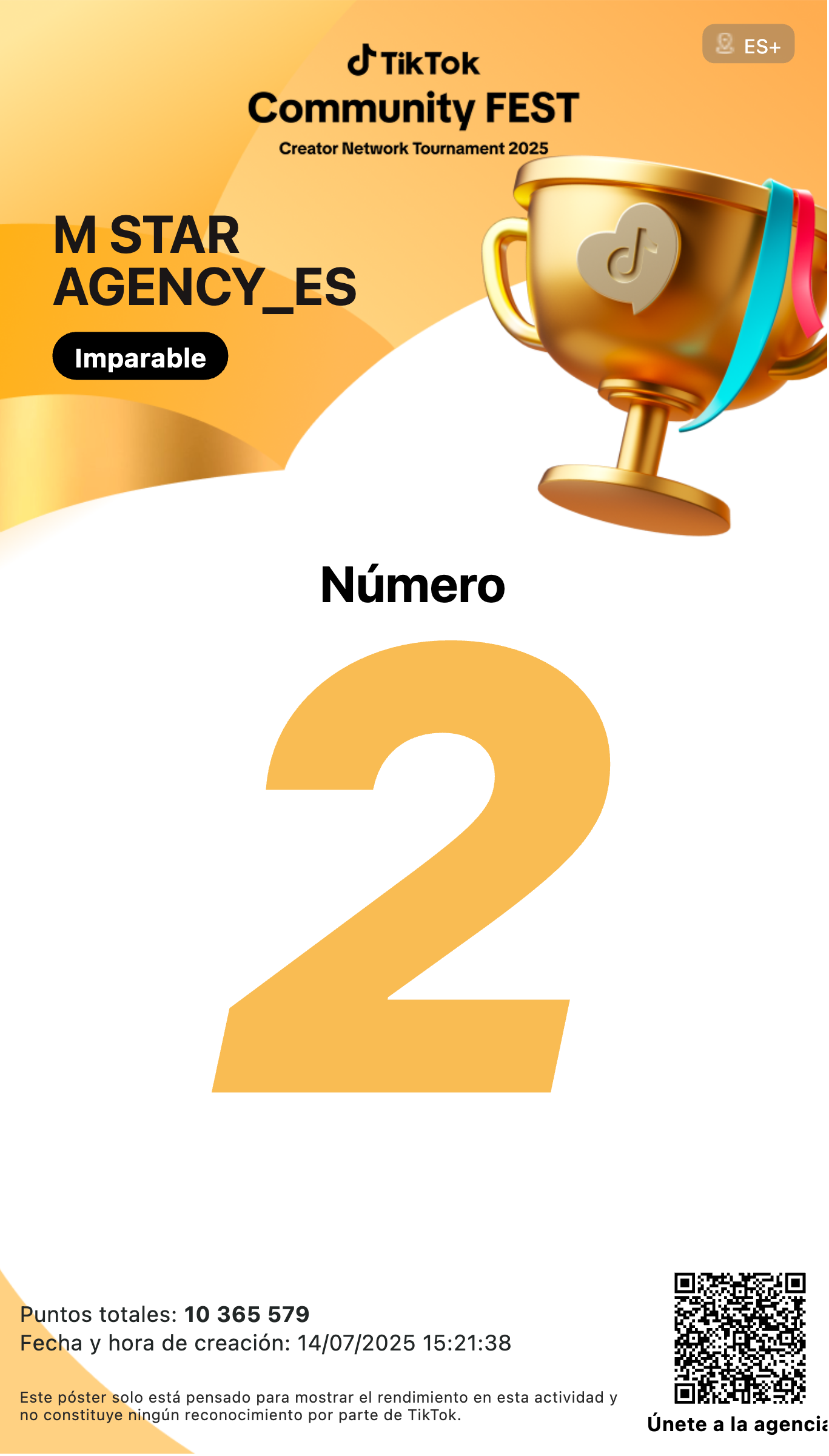 Cartel del resultado de M STAR AGENCY_ES: puesto n.º 2 y 10.365.579 puntos en Community FEST 2025.