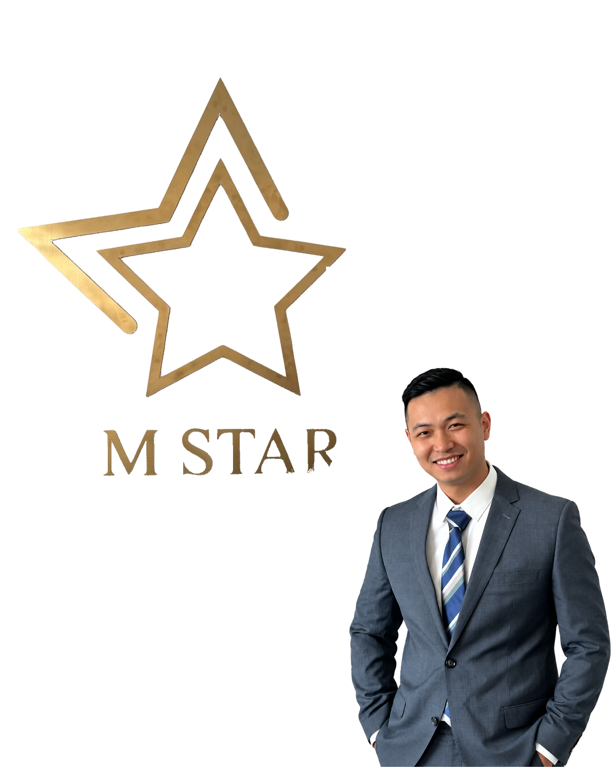 Retrato corporativo completo con el símbolo dorado y el logotipo M STAR